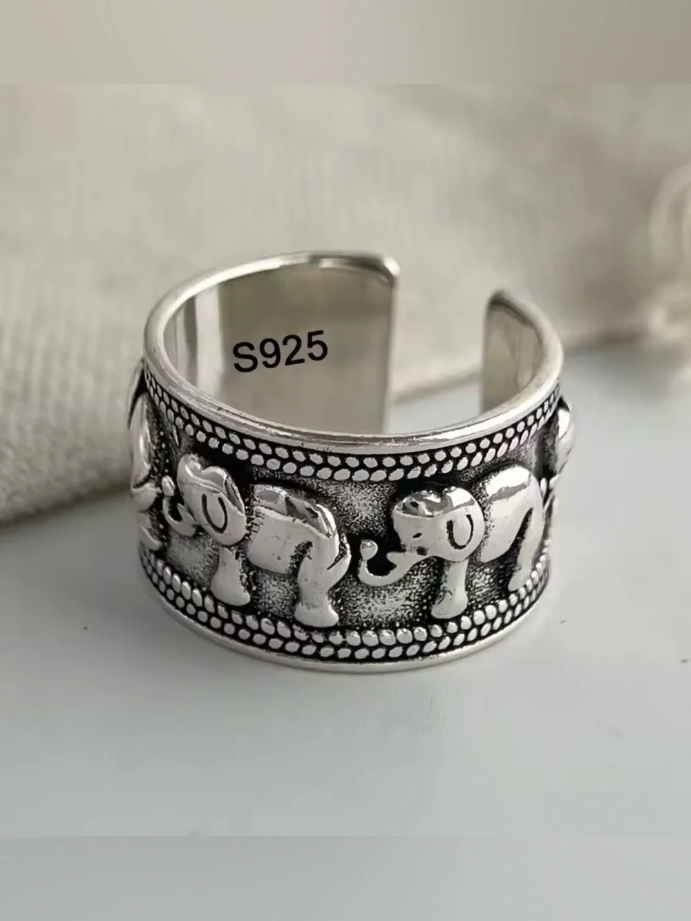Sterling Silver 925 Elephant Motif Adjustable Band Ring - Silver